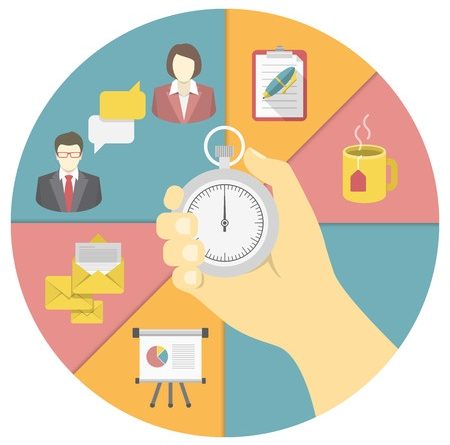 conceptual illustration of the time management with a stopwatch in a hand and working activity symbols