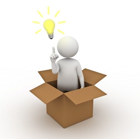think outside the box concept, 3d man standing in cardboard box with idea lightbulb on white background